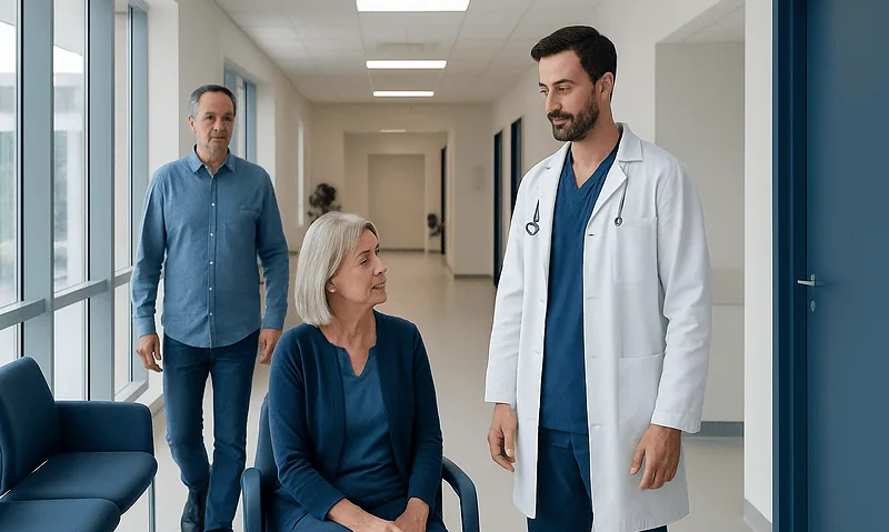 Doctor consulting with a patient in a hospital corridor.