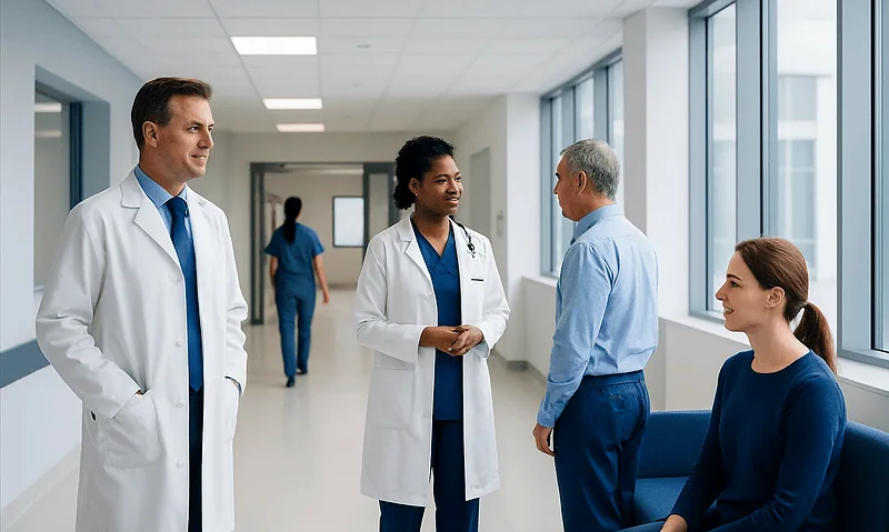 Medical team consulting with patient in hospital corridor.