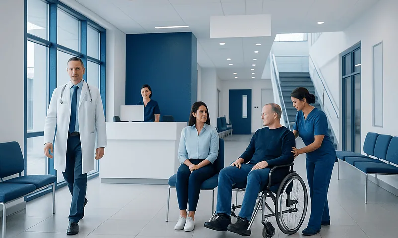Modern hospital waiting area with medical staff and patient in wheelchair.