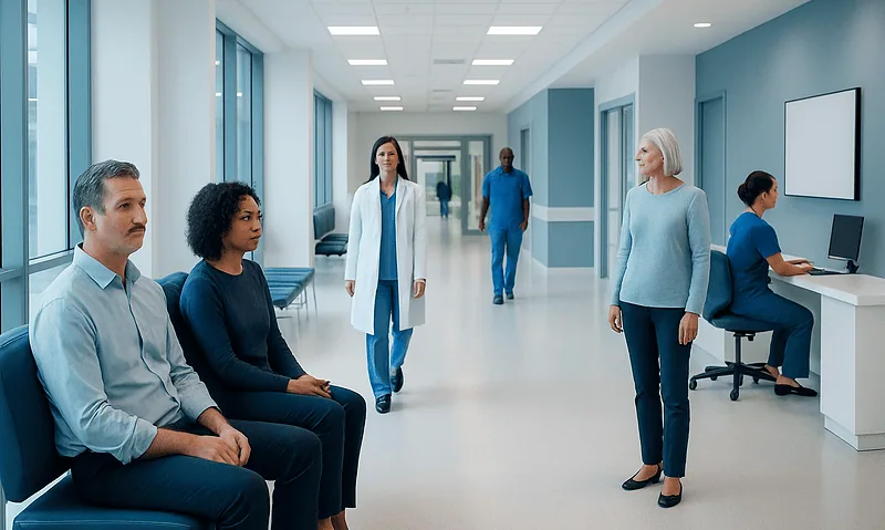 Medical staff and patients in a modern hospital corridor.