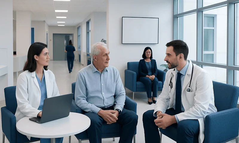 Doctor consulting with elderly patient in hospital waiting area.