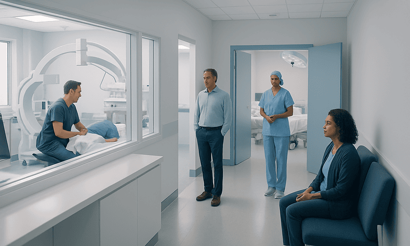 Medical team discussing patient care in a hospital radiology department.