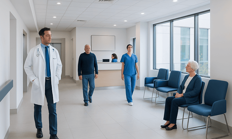 Medical team and patient in a hospital waiting area at Acibadem Hospitals Group.