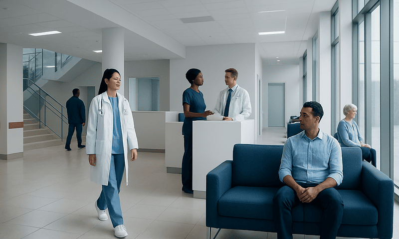 Medical professionals and patients in a modern hospital lobby.
