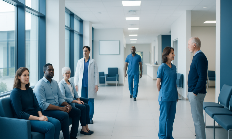 Medical staff and patients in a hospital waiting area at Acibadem Hospitals Group.