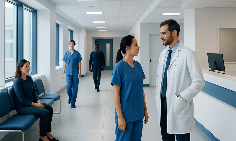 Medical team discussing patient care in hospital corridor.
