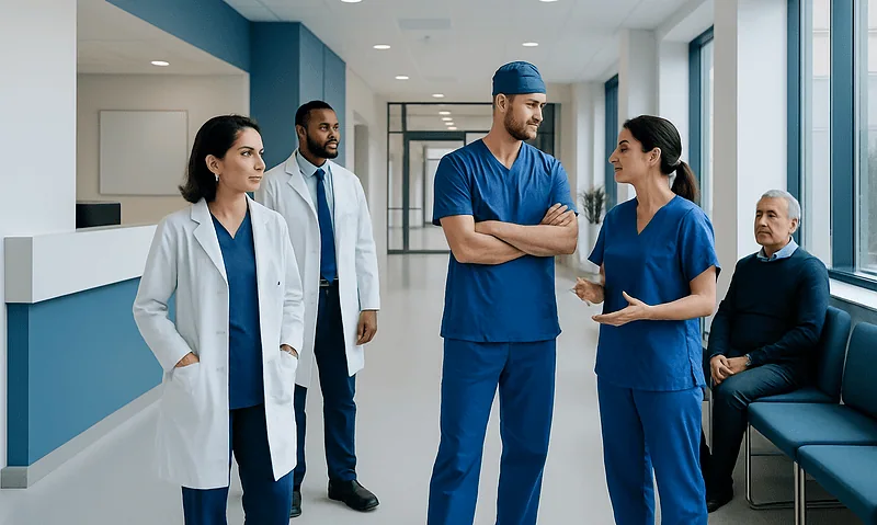 Medical team discussing patient care in hospital corridor.