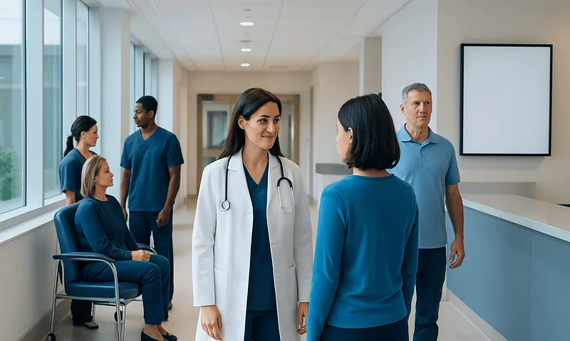 Healthcare professionals and patients in a hospital corridor.