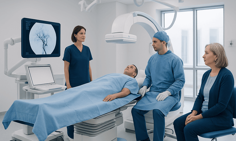 Medical team preparing for cerebral angiography procedure in hospital.