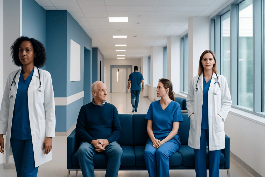 Carotid Artery Stenting: When It Is Considered Instead of Surgery 1 Medical team with patients in hospital corridor at Acibadem Hospitals Group.