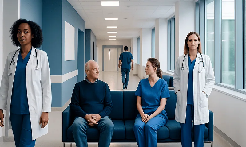Medical team with patients in hospital corridor at Acibadem Hospitals Group.