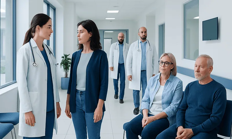 Medical consultation in a hospital corridor with doctors and patients.