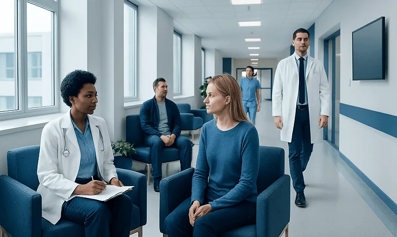 Patients and doctors in a hospital corridor during a consultation.