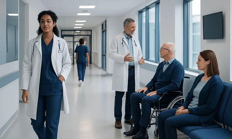 Medical team consulting with patient in hospital corridor.