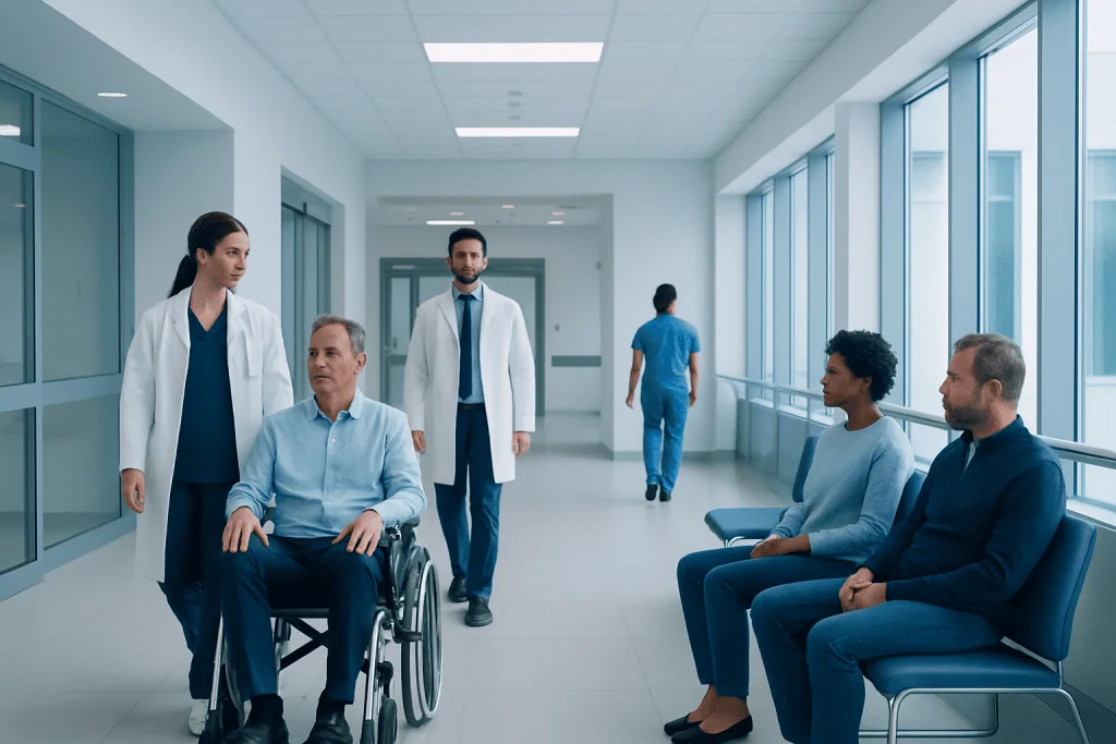 Endovascular Treatment for Brain Aneurysm: Who May Be a Candidate? 1 Hospital corridor with patients and medical staff in a modern healthcare facility.
