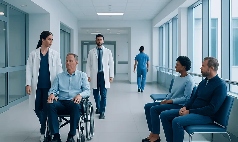 Hospital corridor with patients and medical staff in a modern healthcare facility.