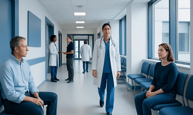 Medical professionals and patients in a hospital corridor.