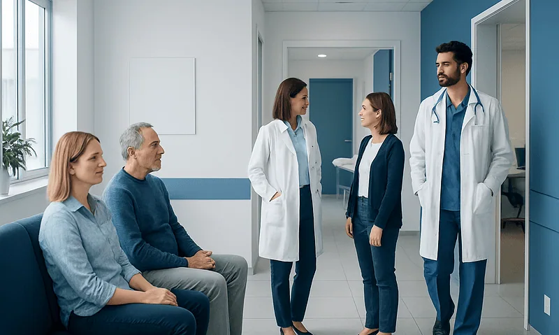Medical professionals conducting a neuropsychological evaluation in a hospital.