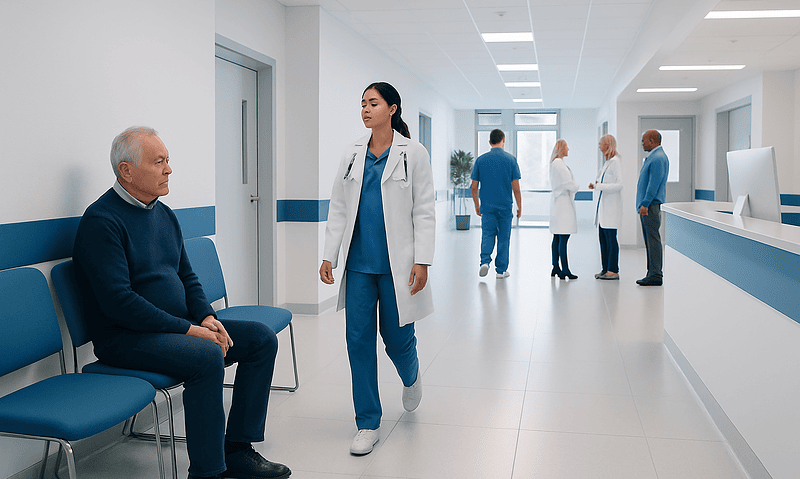 Doctor consulting elderly patient in hospital corridor.