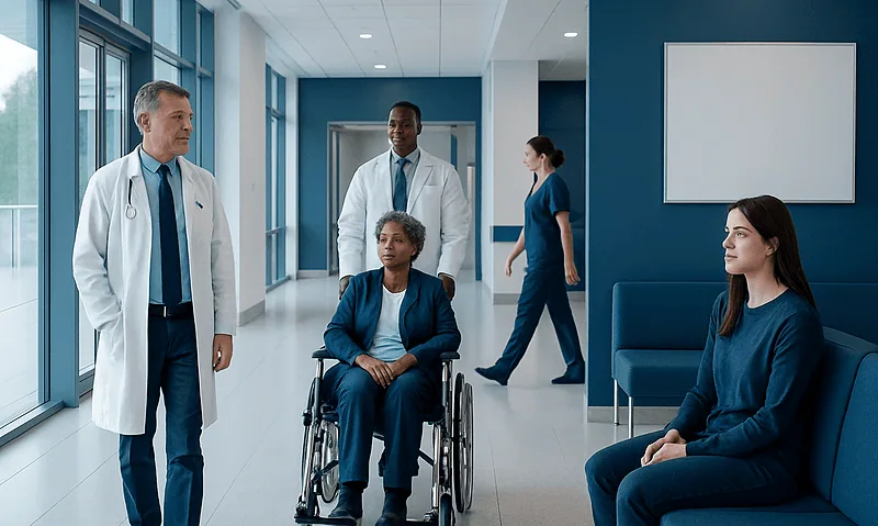 Medical team consulting with patient in hospital corridor.