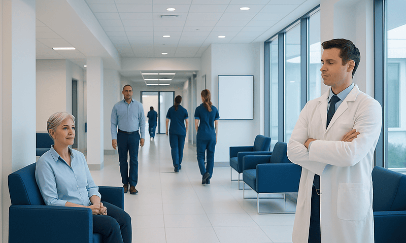 Medical staff and patient in a modern hospital corridor.
