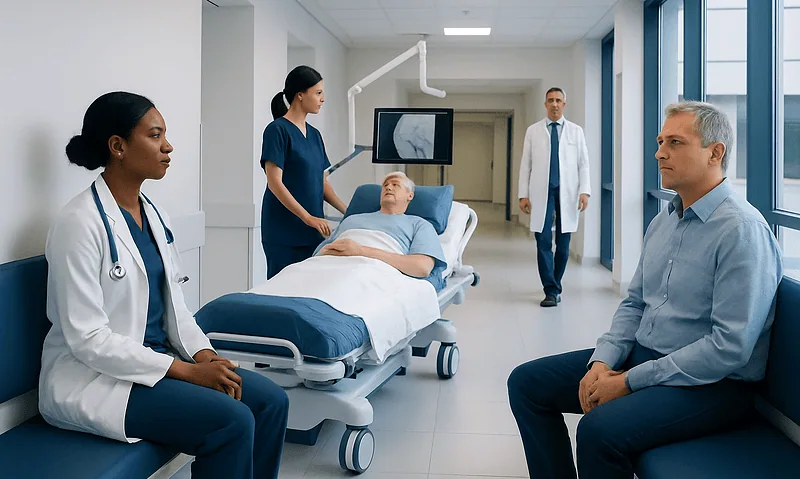 Medical team preparing patient for cerebral angiography procedure at Acibadem Hospital.