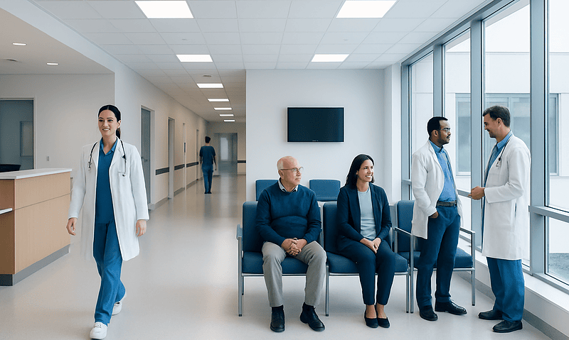 Medical professionals and patients in a hospital waiting area.
