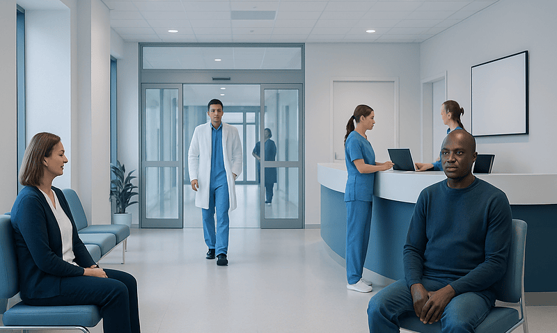 Patients waiting in a hospital reception area with medical staff nearby.