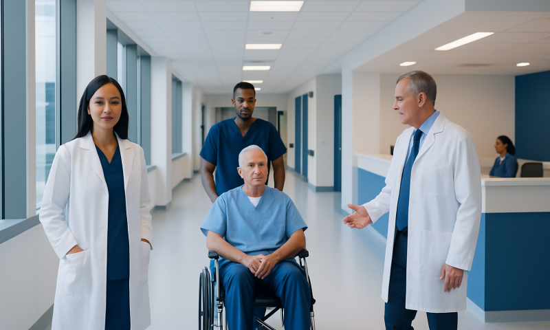 Medical team discussing patient care in hospital corridor.
