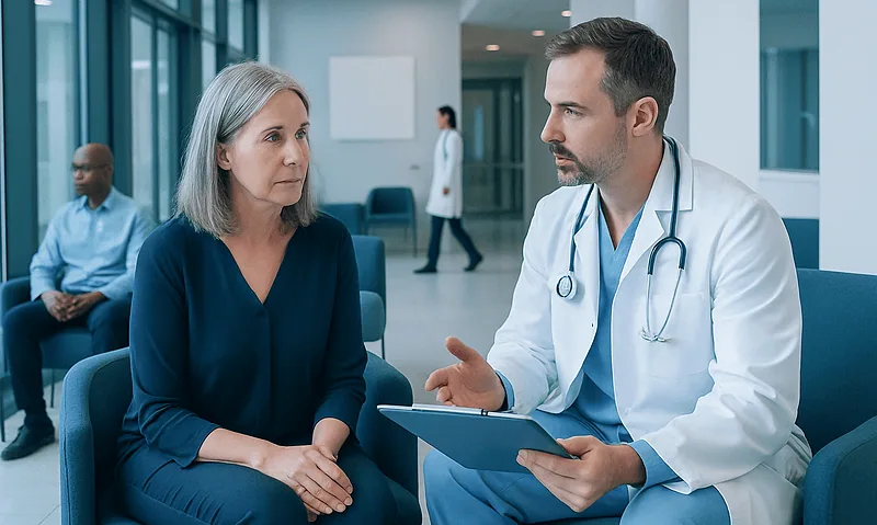 Doctor consulting with a female patient in a hospital waiting area.