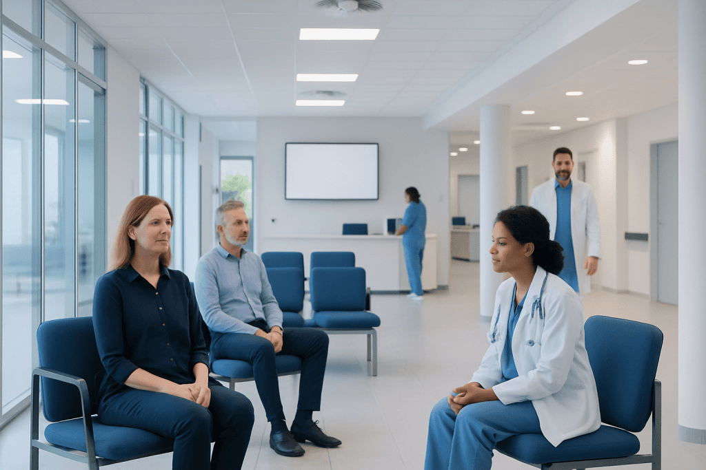 What Is a Neuropsychological Evaluation? 1 Patients and doctor in a hospital waiting area at Acibadem Hospitals Group.