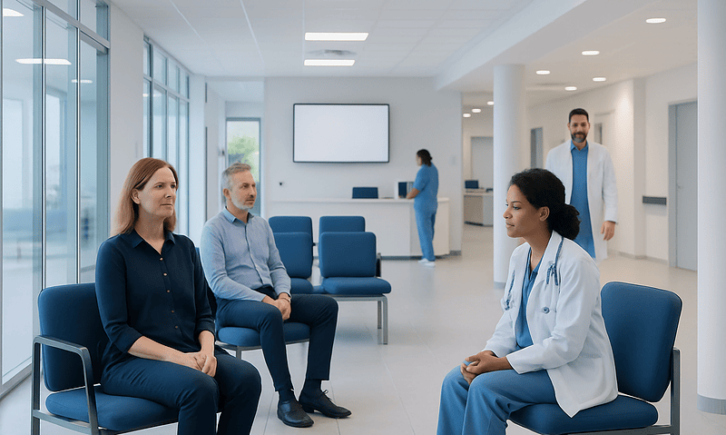 Patients and doctor in a hospital waiting area at Acibadem Hospitals Group.