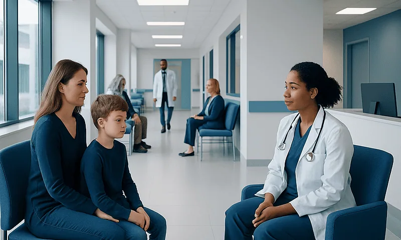 Children and a doctor in a medical consultation at Acibadem Hospital.