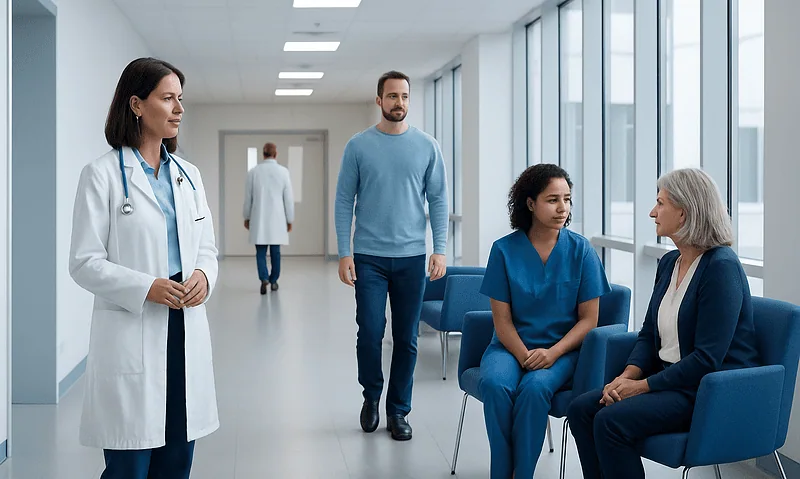 Medical professionals consulting with a patient in a hospital corridor.