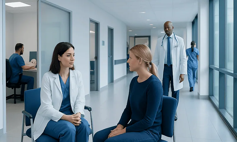 Doctor consulting a patient in a hospital corridor with medical staff in background.