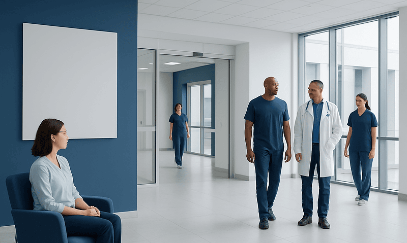 Medical team walking in hospital corridor with patient waiting area nearby.
