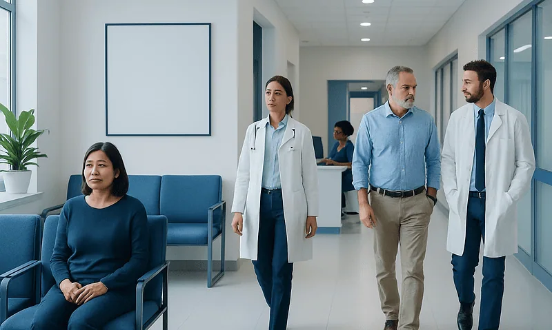 Medical team walking through hospital corridor with patient in waiting area.