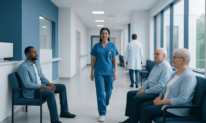 Medical staff and patients in a hospital corridor at Acibadem Hospitals Group.