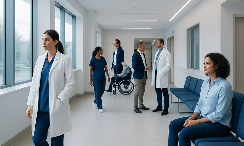 Medical professionals and patients in a hospital corridor at Acibadem Hospitals Group.