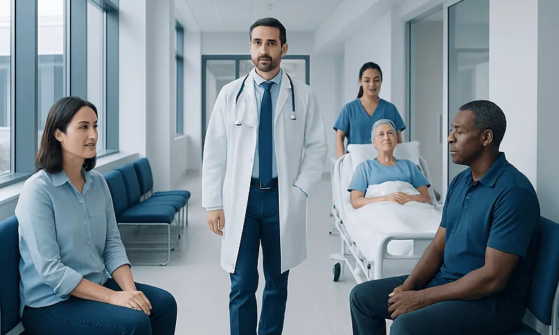 Doctor consulting with patients in a hospital corridor.