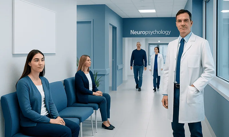 Medical professionals and patients in a neuropsychology clinic corridor at Acibadem Hospitals.