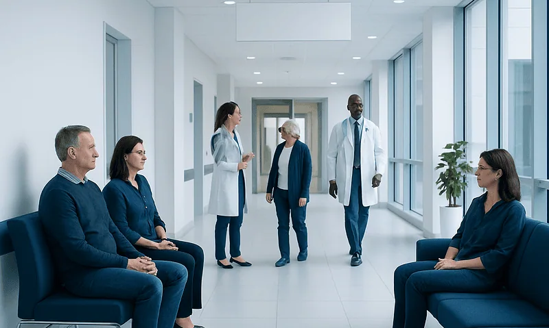 Medical professionals and patients in a hospital corridor.