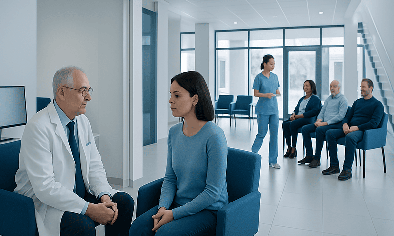 Doctor consulting with a patient in a modern hospital waiting area.