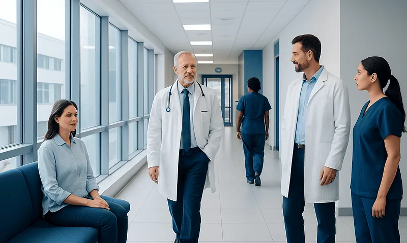 Medical team discussing patient care in hospital corridor.