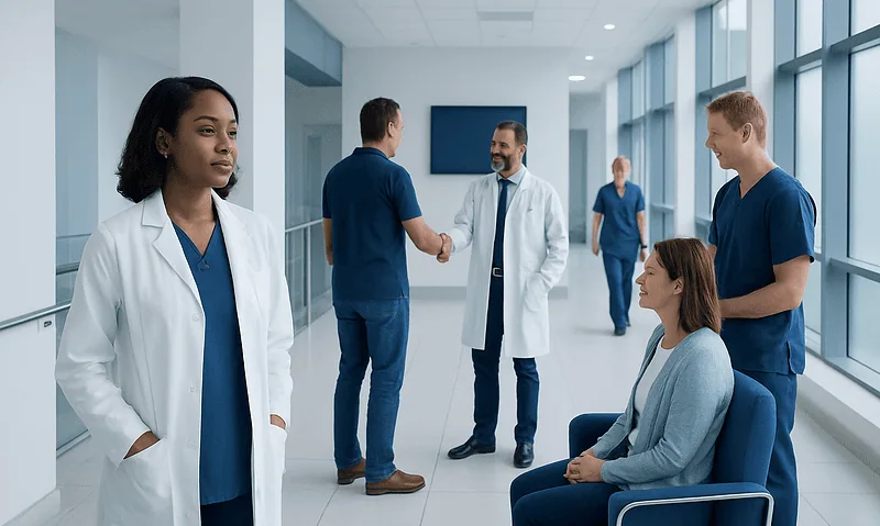 Medical team discussing patient care in hospital corridor.