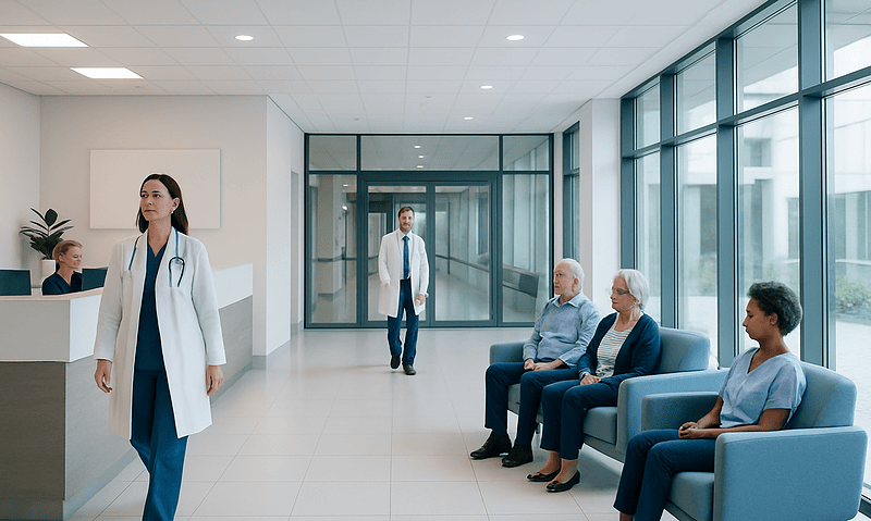 Medical staff and patients in a modern hospital waiting area.