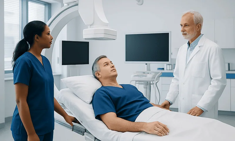 Medical team preparing patient for cerebral angiography procedure at Acibadem Hospital.