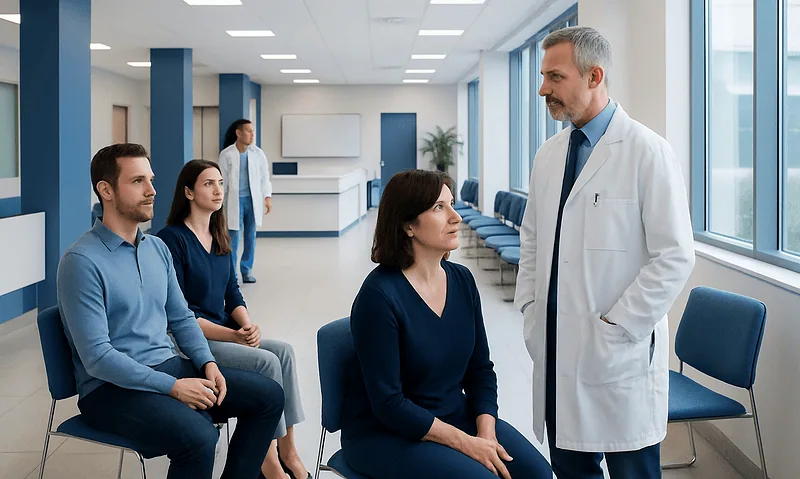Health Library 9 Doctor consulting patients in a hospital waiting area with seated individuals.