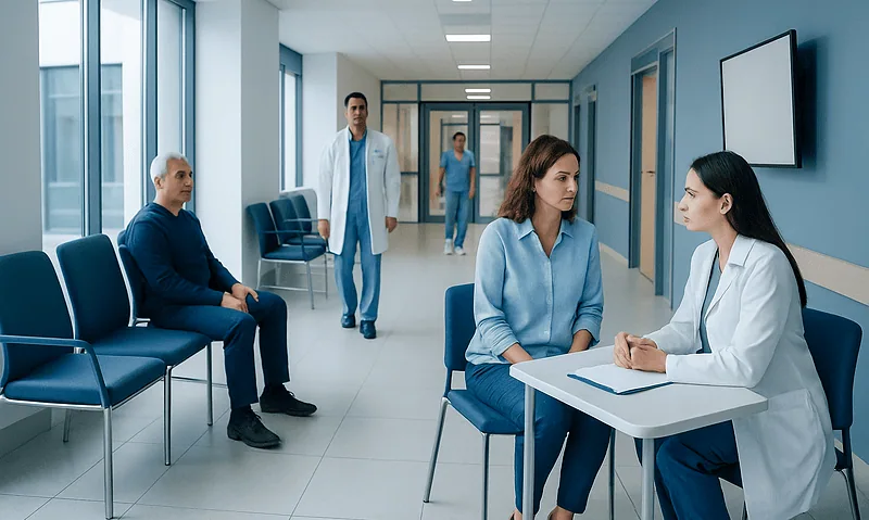 Health Library 7 Medical consultation in a hospital corridor with patients and doctors.