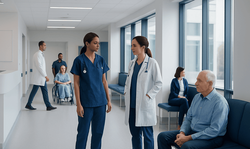 Medical professionals discussing patient care in a hospital corridor.